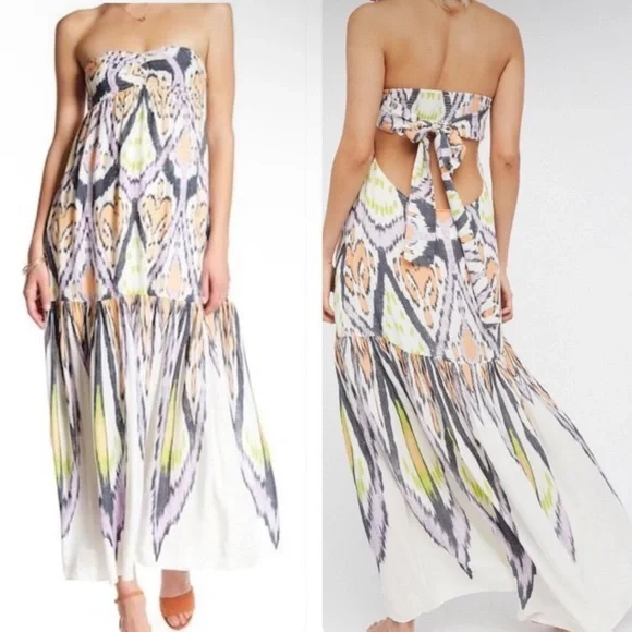 Free People Mojave Aztec Strapless Tie Smocked Open Back Maxi Dress - Picture 2 of 11